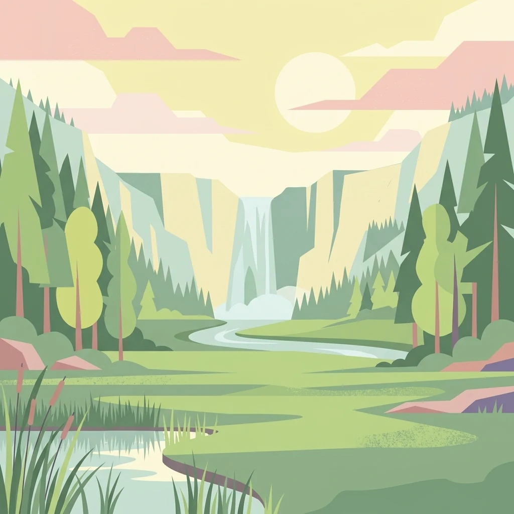 Ilustración plana minimalista que muestra un paisaje con un río que fluye desde una cascada entre acantilados altos; pinos y llanuras cubiertas de hierba enmarcan el agua, bajo un cielo soleado.