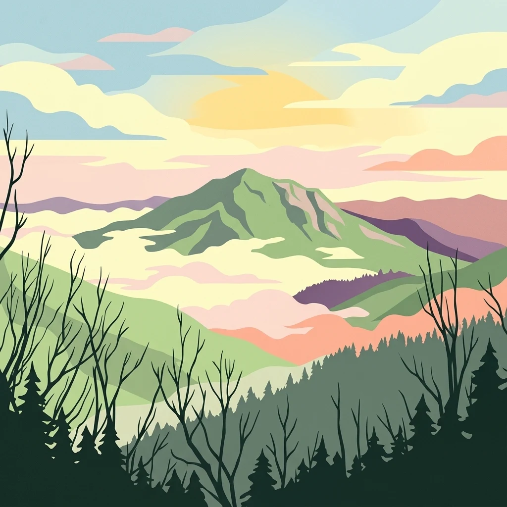 A stylized illustration showing a green mountain peak rising above a misty, layered valley with dark silhouetted trees in the foreground and a soft, pastel-colored sunset sky above.