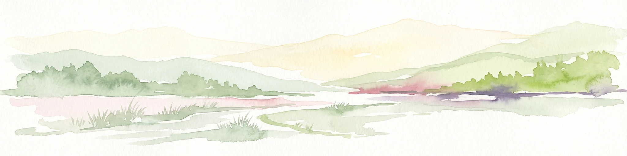 Watercolor painting of a mountain landscape with soft layers of green hills, trees, and a foreground area, rendered in a pale and minimalist style.
