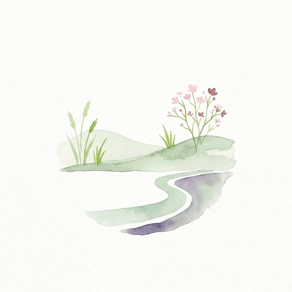Watercolor illustration of a stream flowing through a landscape with grasses and small pink flowers