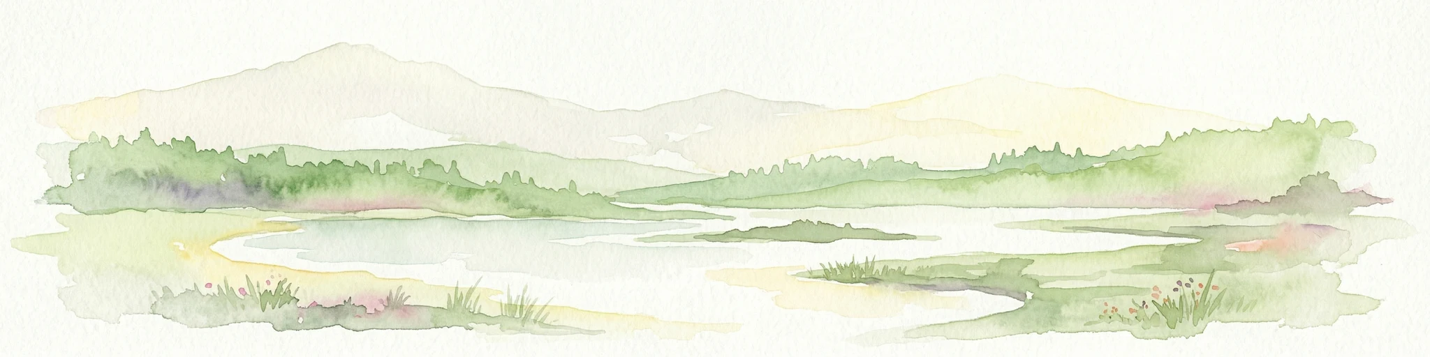 Pintura de acuarela de un paisaje costero con dunas, un lago y montañas distantes