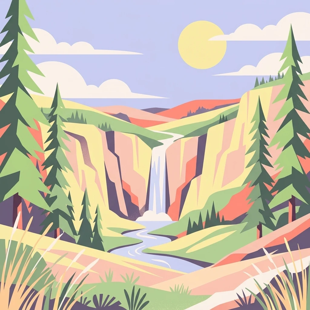 A flat, vector-style illustration showing a valley with a waterfall cascading from tall cliffs into a winding river, surrounded by evergreen trees and rolling terrain under a pale sun.