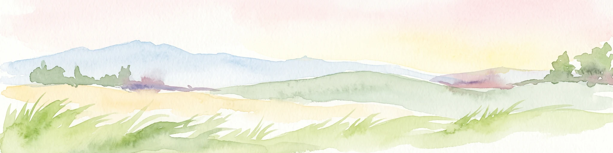 A pale, soft-toned watercolor painting showing rolling green and golden dunes under a light, hazy sky.