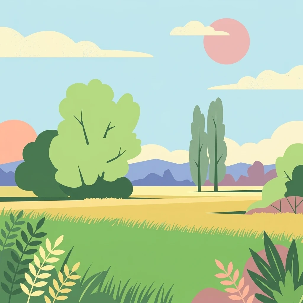 A flat, stylized illustration of a peaceful rural landscape with rolling green hills, tall trees, and a soft-colored sky with a pale pink sun.