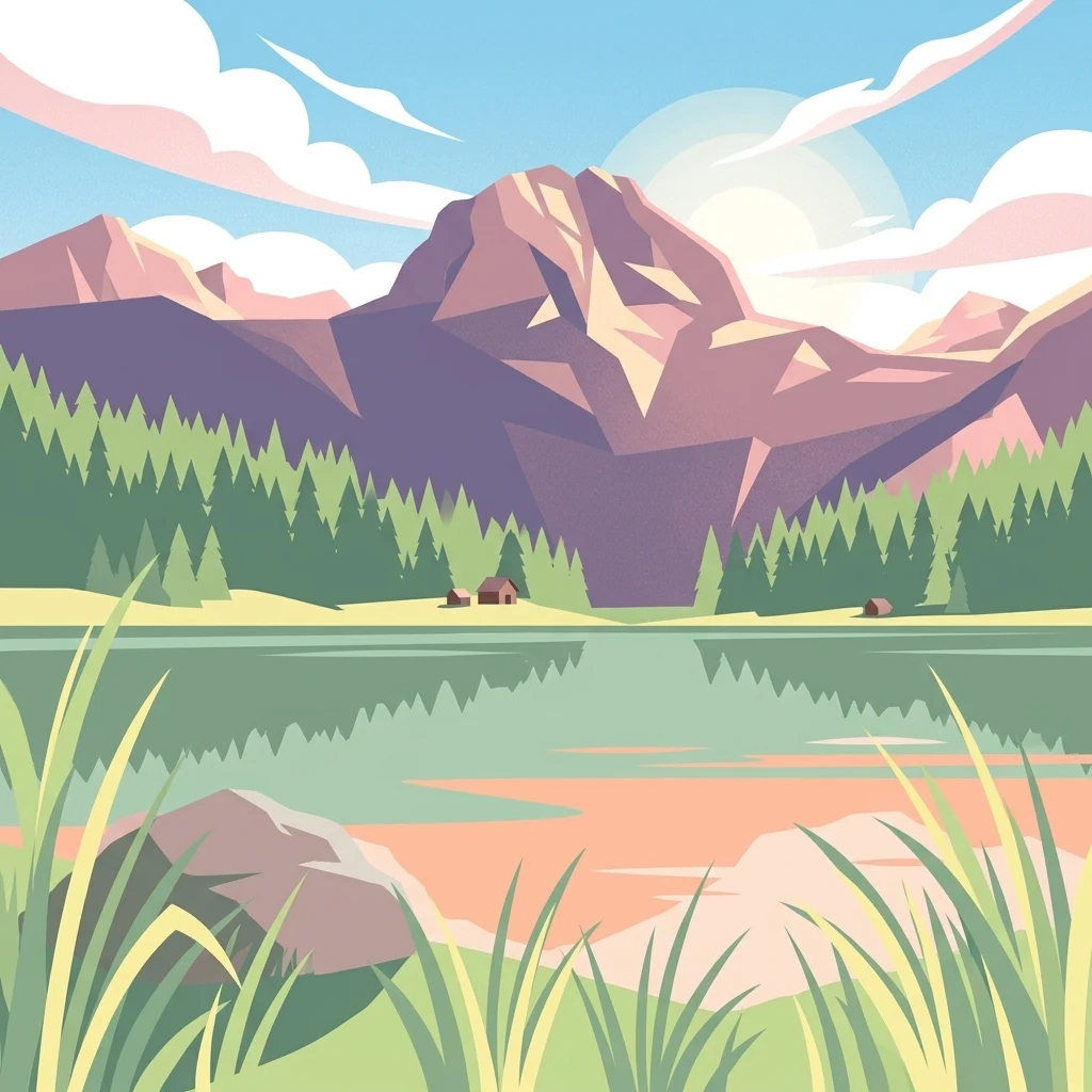 A flat-design illustration showing a calm lake in the foreground with tall grasses and a large rock, backed by a dense pine forest and jagged, sunlit mountain peaks under a clear sky.