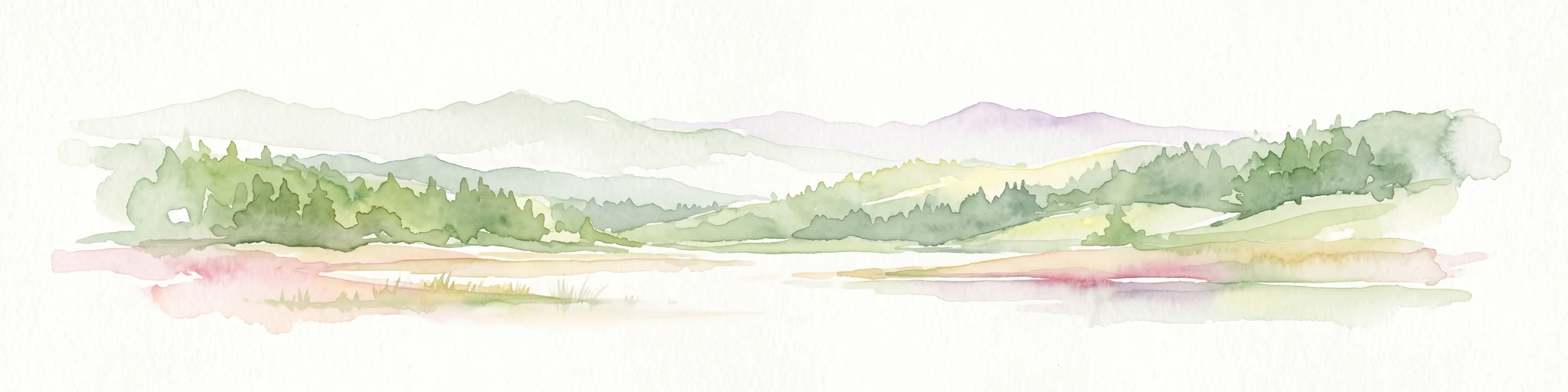 A soft watercolor illustration of a mountain range with foreground meadows and trees, rendered in light green, pink, and muted purple tones against a white background.