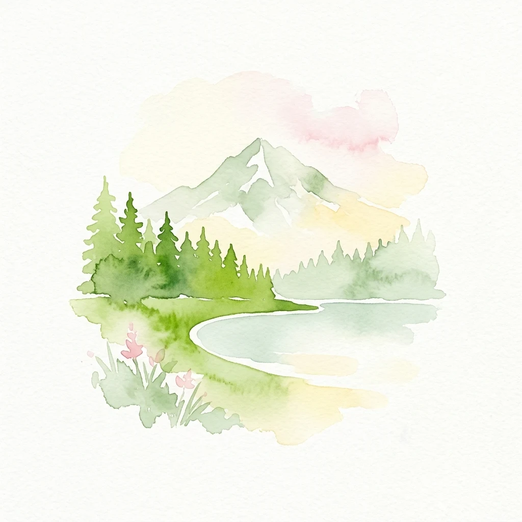 Ilustración en acuarela que muestra un pico de montaña, un lago, un bosque de coníferas y flores silvestres rosas