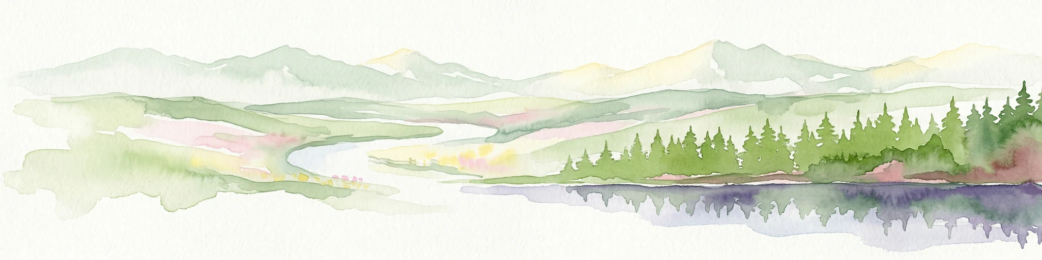 Ilustración de acuarela que muestra montañas, un río sinuoso y zonas boscosas