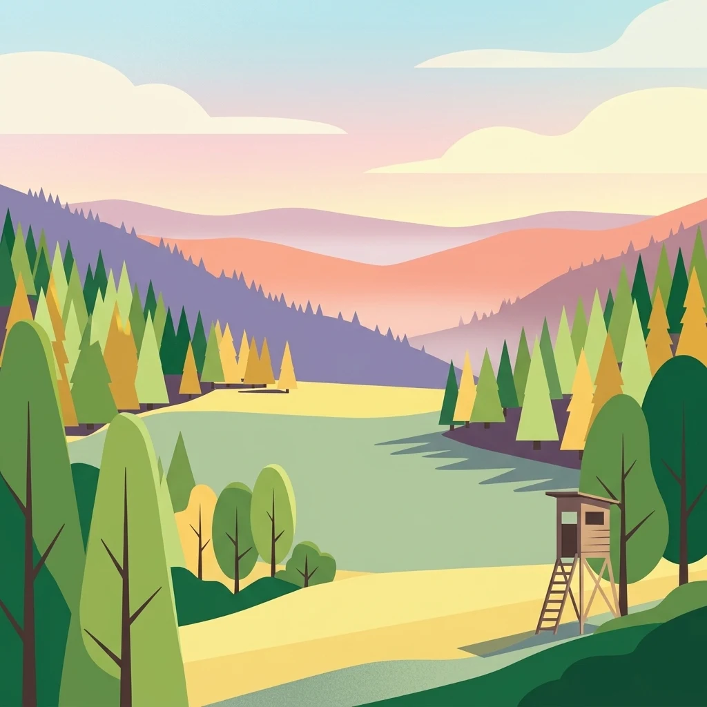 A flat-style digital illustration of a valley with a central meadow, surrounding evergreen and deciduous forests, rolling hills in the distance, and a wooden hunting observation stand in the foreground.