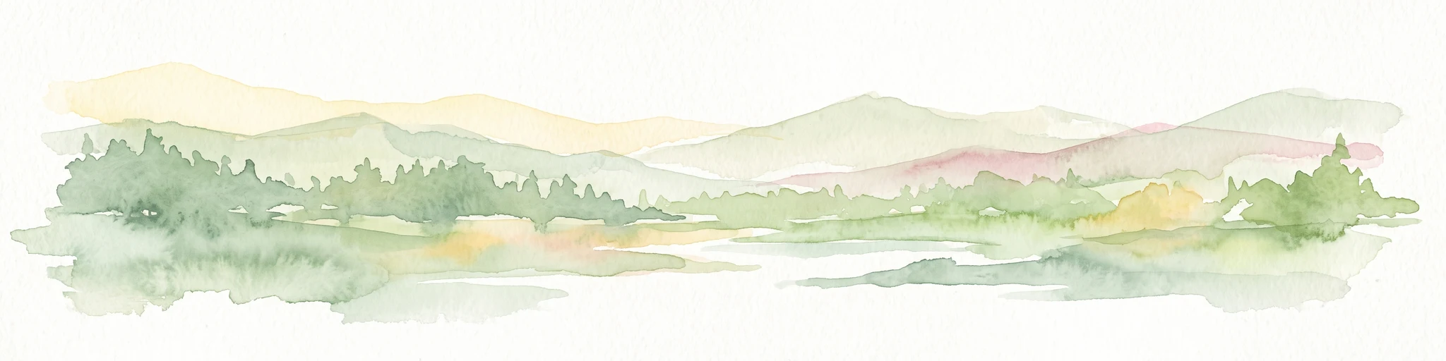 Watercolor painting of soft, rolling green hills and meadows in a minimalist style, set against a light background.