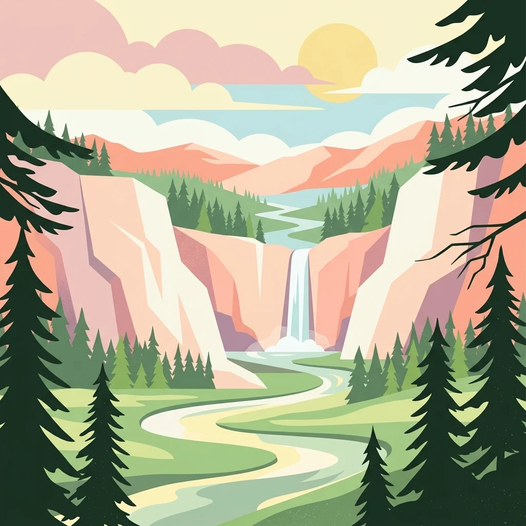 A stylized graphic illustration of a valley between steep cliffs featuring a waterfall flowing into a winding river, framed by evergreen trees in the foreground under a sunlit sky.