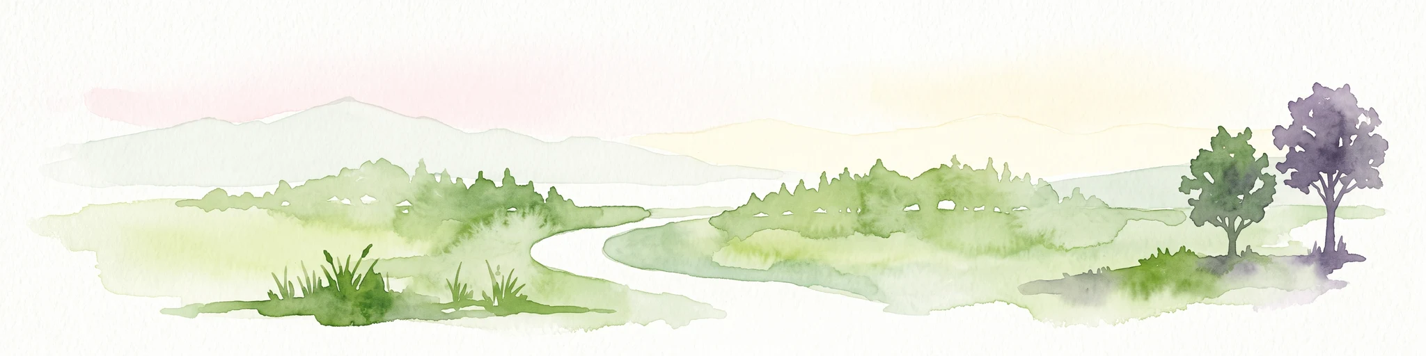 A horizontal watercolor painting showing a soft, stylized landscape with rolling green hills, a winding path or stream, and a few trees on a white background.