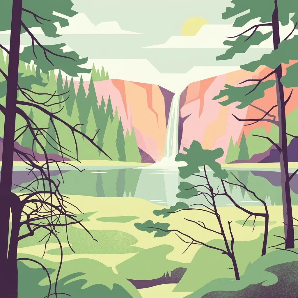 A graphic illustration depicting a waterfall dropping from high cliffs into a calm lake, framed by stylized pine trees in the foreground.