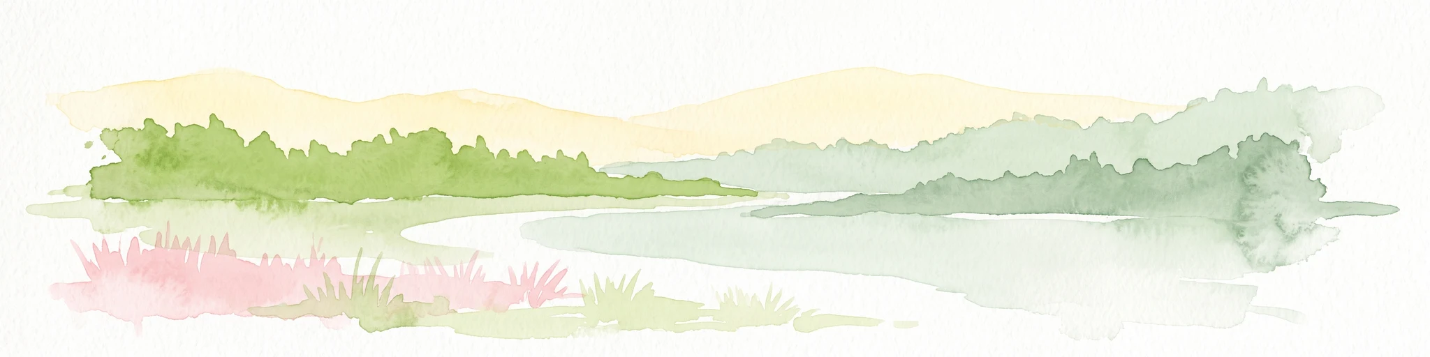 A watercolor painting showing a soft, atmospheric landscape with a winding body of water, green treelines, and patches of pinkish bog vegetation against a pale, warm sky.