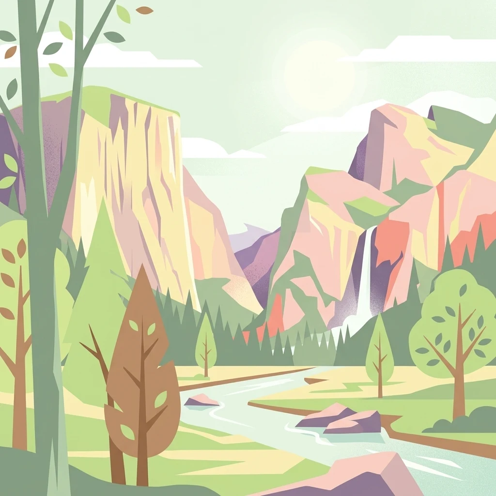 Una ilustración digital de estilo plano que representa un valle montañoso con acantilados escarpados, una cascada, un arroyo serpenteante y vegetación forestal circundante.