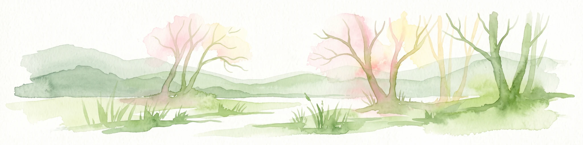 A watercolor painting showing a soft landscape with green rolling hills and sparse trees against a white background.