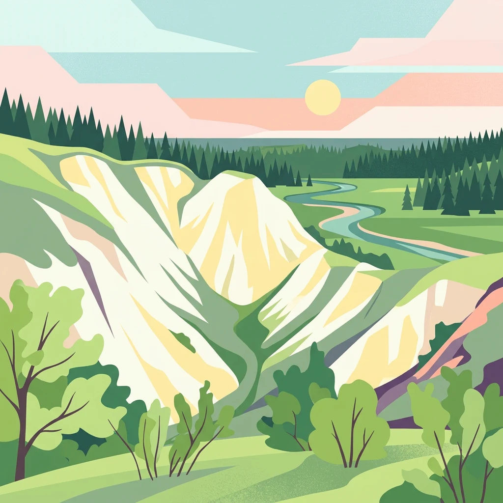 Paisaje ilustrado que muestra un valle fluvial con colinas de color claro, bosques verdes y un sol poniéndose en el cielo