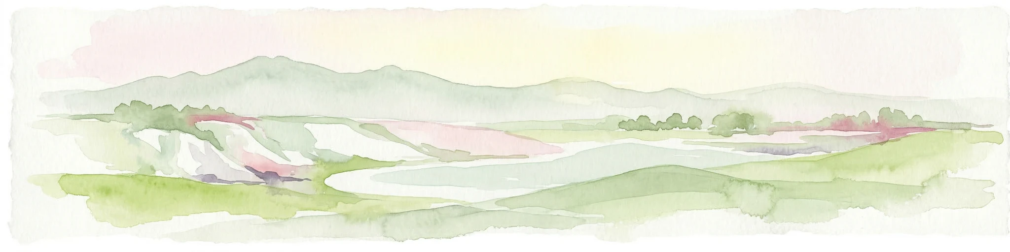 Ilustración acuarela de un valle fluvial con colinas, campos verdes y montañas lejanas bajo un cielo suave
