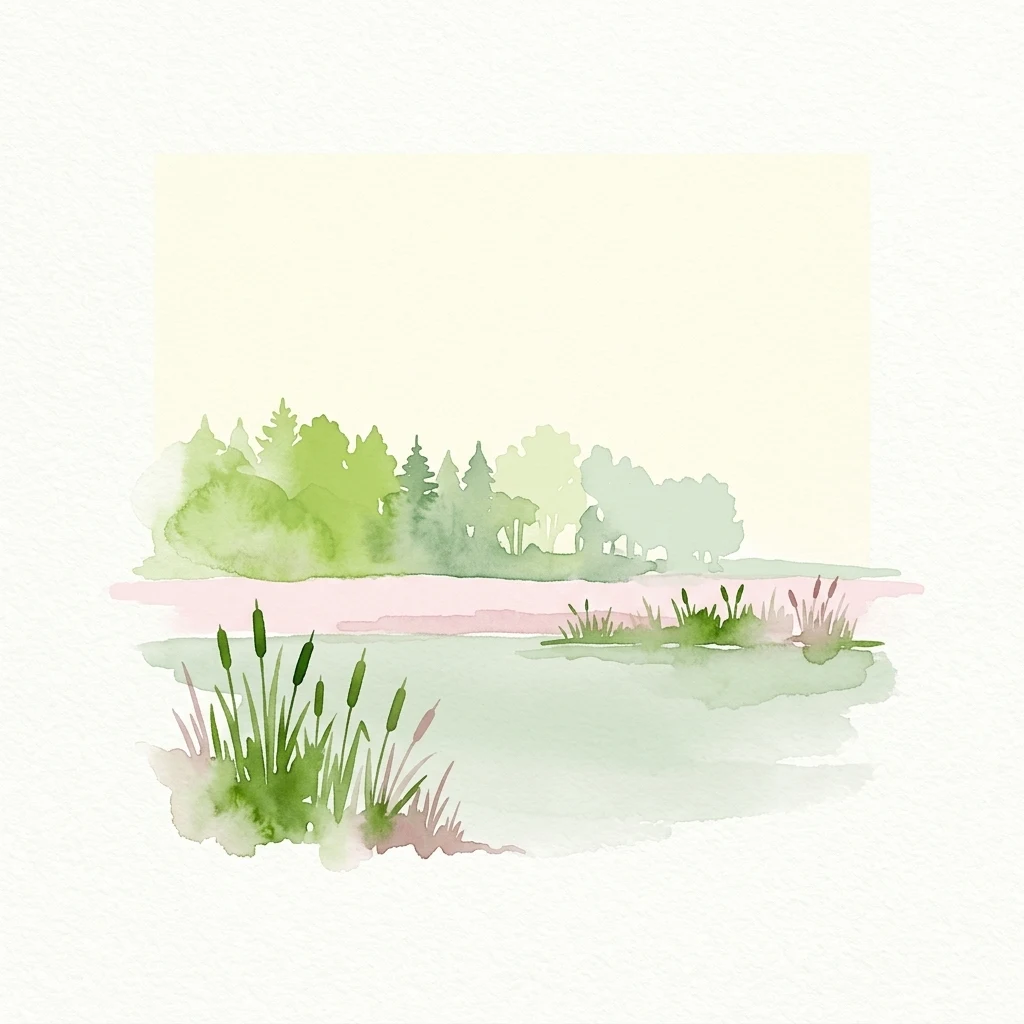 Watercolor illustration of a wetland landscape with reeds, calm water, and distant trees under a light sky