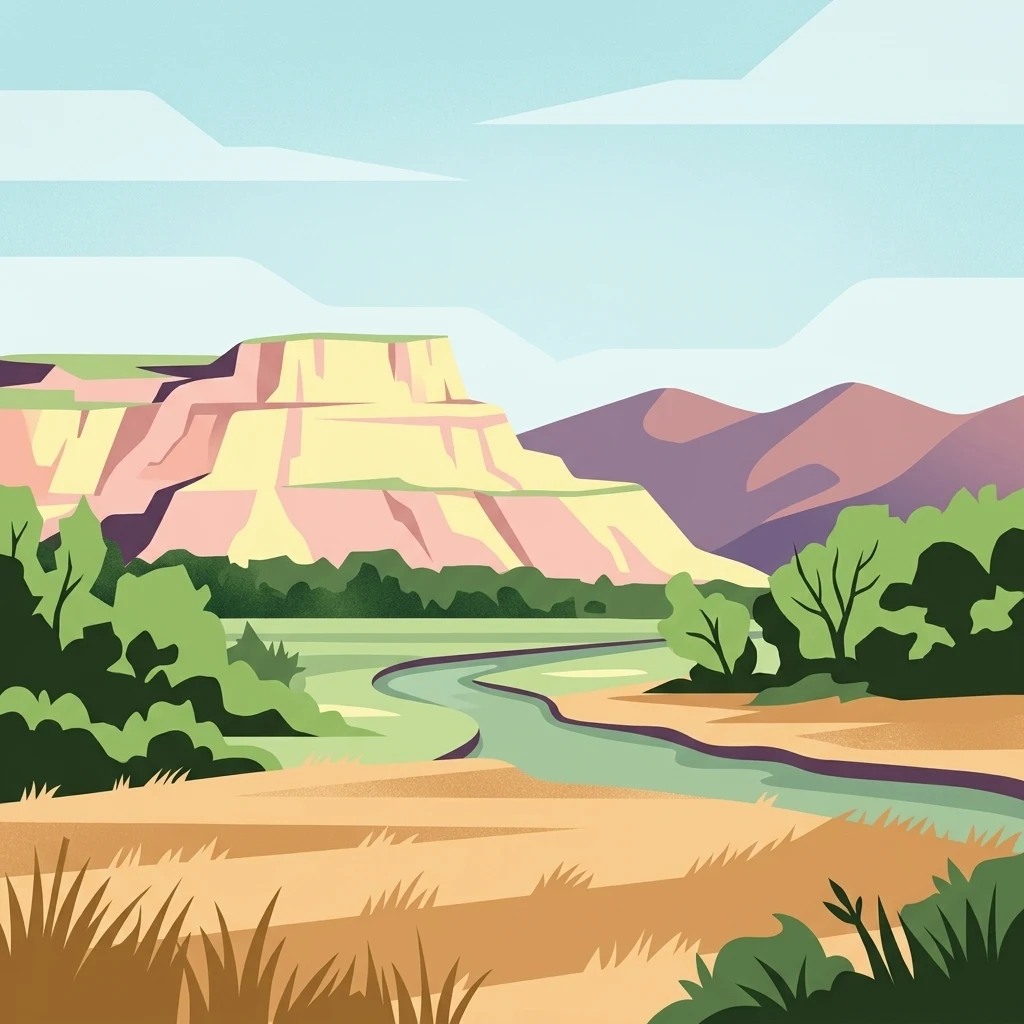 A flat-style digital illustration depicting a river flowing through a grassy valley with trees and distant mesas under a pale blue sky.