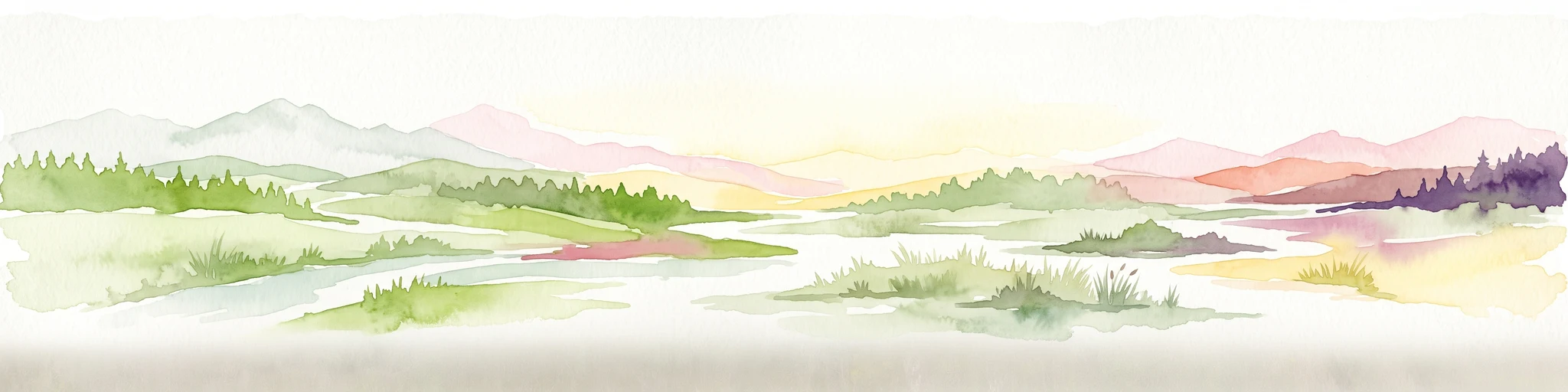 A horizontal watercolor painting showing a soft, stylized landscape with rolling hills, distant mountains, forested areas, and a meandering stream or marshy foreground.