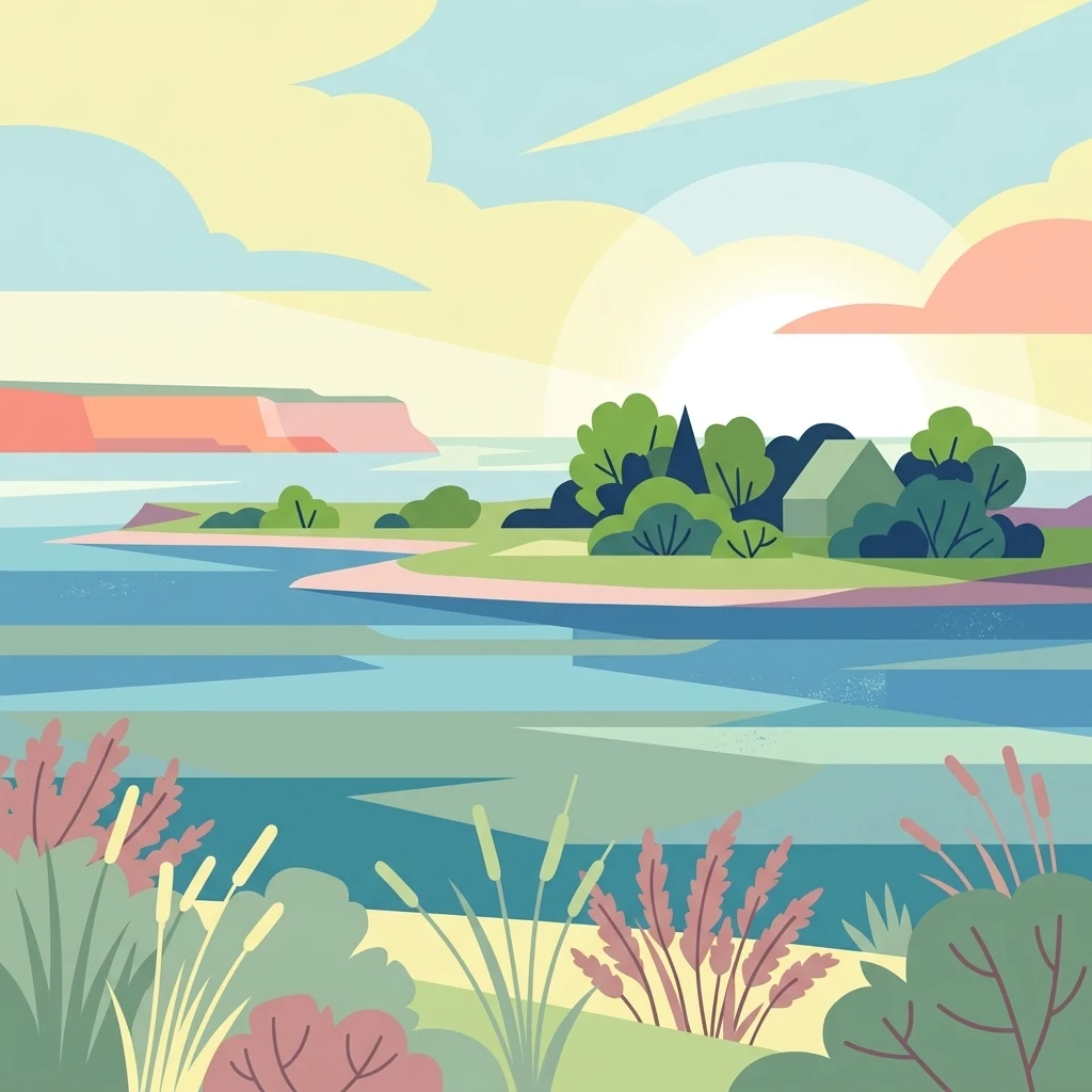 A flat, stylized illustration showing a serene coastal scene with reeds in the foreground, a calm body of water, and a lush green island with a small house in the midground under a soft sunrise.