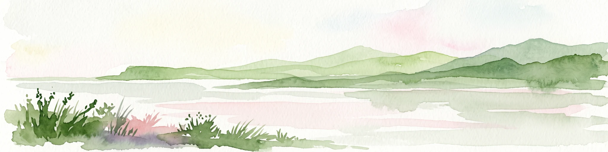 A horizontal watercolor painting showing a soft green shoreline in the foreground and rolling hills across the water in the distance.