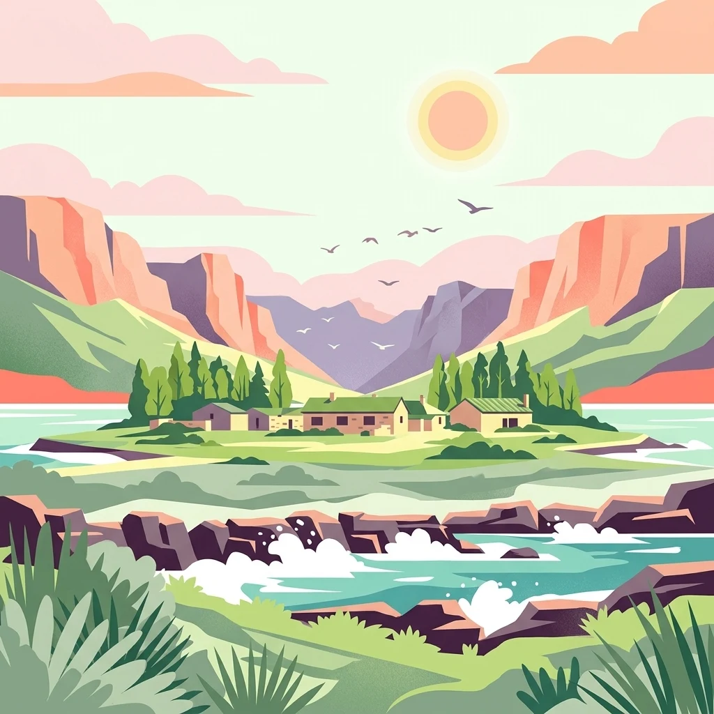 Una ilustración digital de un paisaje costero con una isla central o línea de costa con pequeños edificios, rodeada de aguas rocosas, campos verdes y enmarcada por montañas bajo un cielo soleado.
