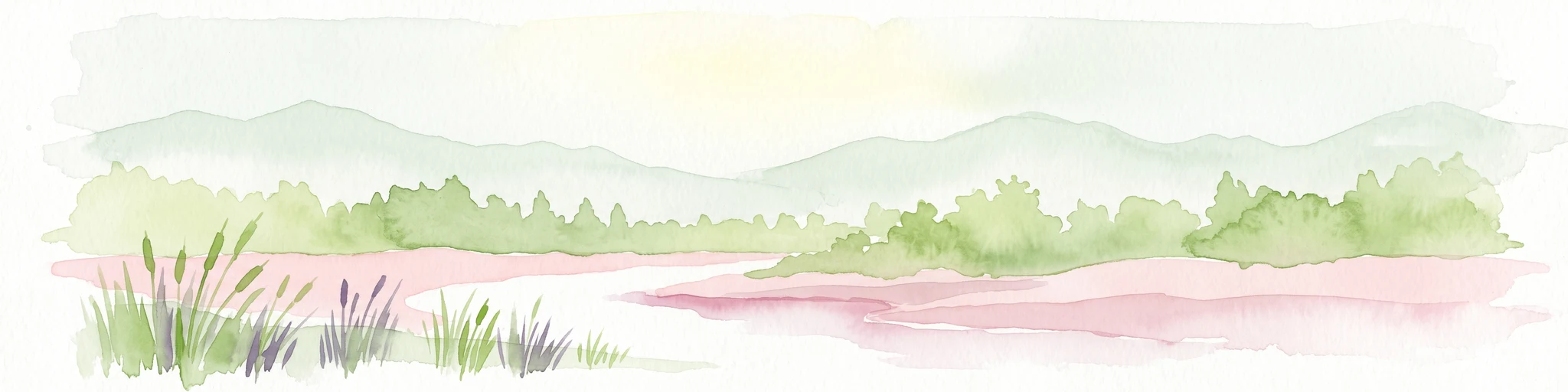 A horizontal watercolor illustration depicting soft green rolling hills in the background, a line of light green trees in the midground, and foreground vegetation with tall reeds near a calm pinkish water channel.