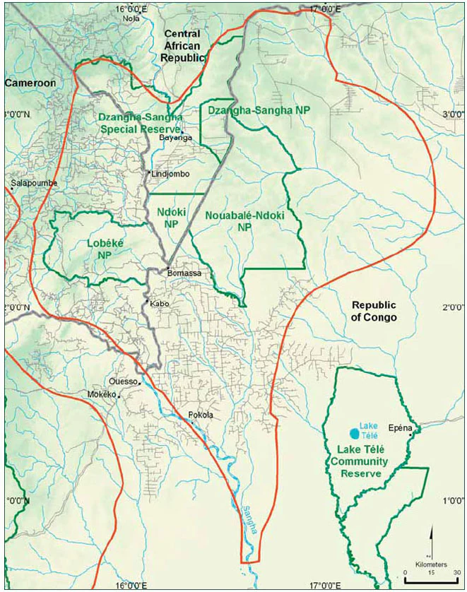 Map of the Sangha Tri National Landscape showing protected areas including Dzanga-Ndoki National Park, Lobéké National Park, and Lake Télé Community Reserve in Central Africa