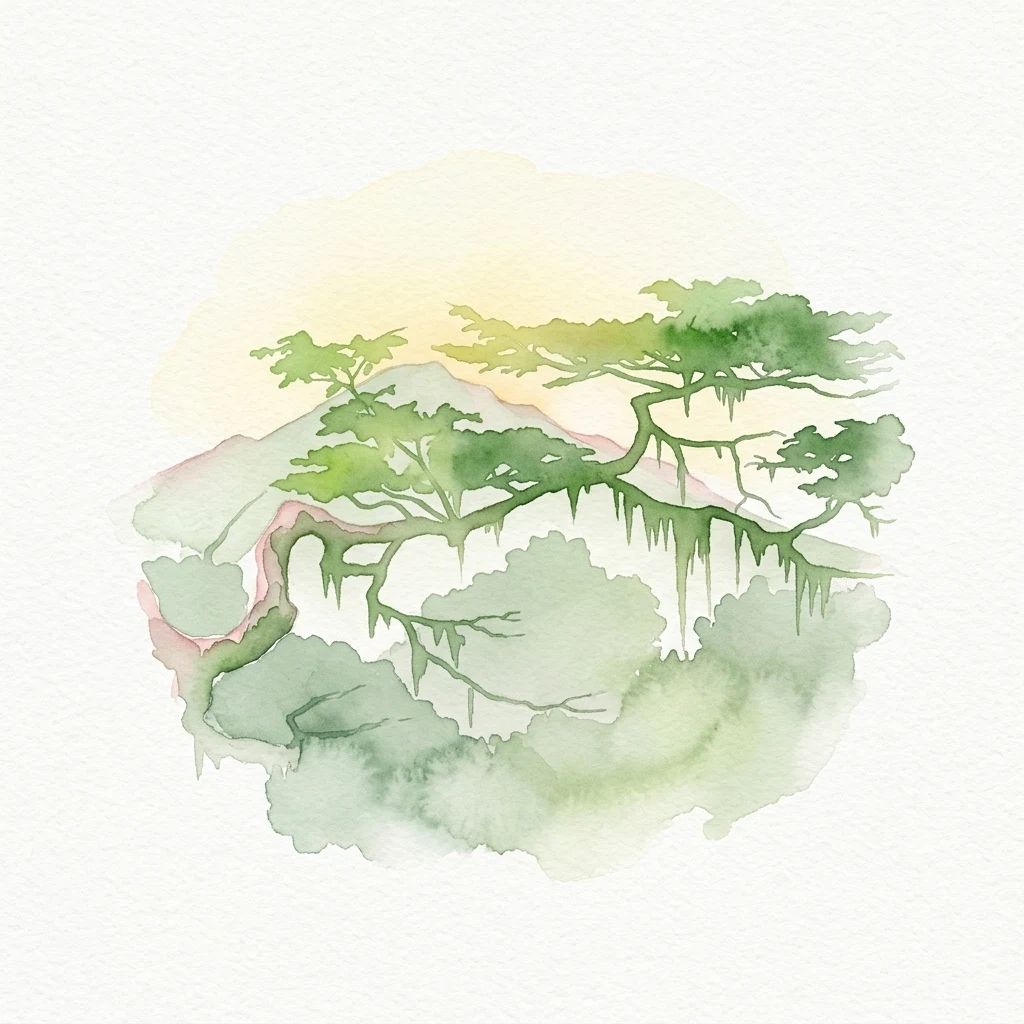 Ilustración en acuarela de árboles verdes y montañas con toques suaves en amarillo y rosa