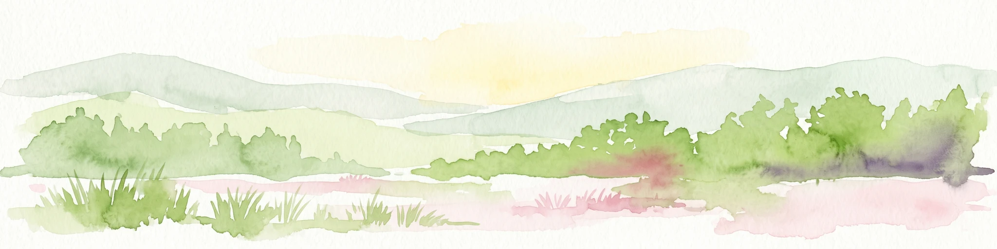 Watercolor painting showing rolling hills, green vegetation, and a pinkish river area
