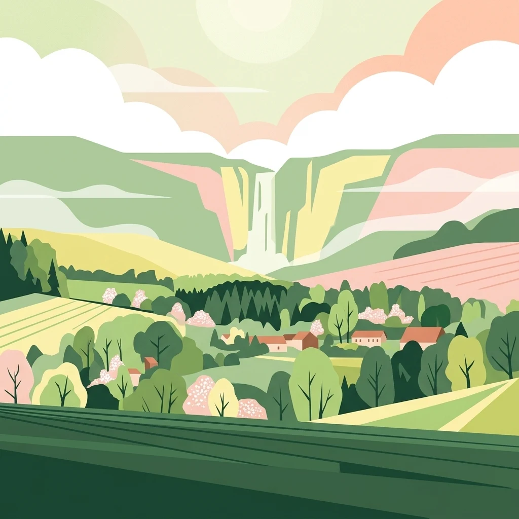 A flat-style digital illustration depicting a rolling green landscape with a waterfall cascading from high cliffs into a valley containing a small village and scattered trees.