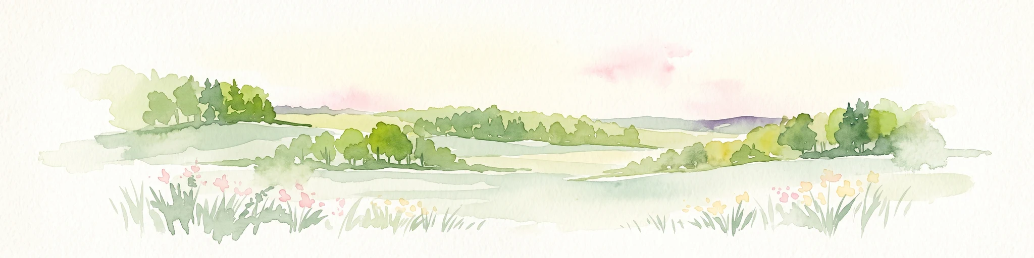 Una ilustración horizontal en acuarela de un paisaje suave y ondulado con campos verdes, parches de bosque y sutiles acentos florales rosados en primer plano.