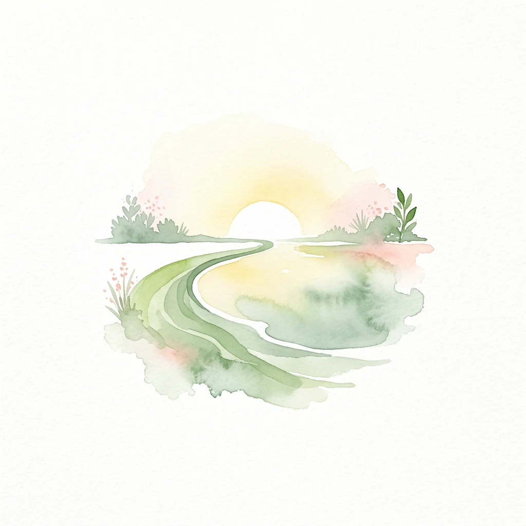 Watercolor illustration showing a winding path leading to a sun setting over a body of water with vegetation on both sides