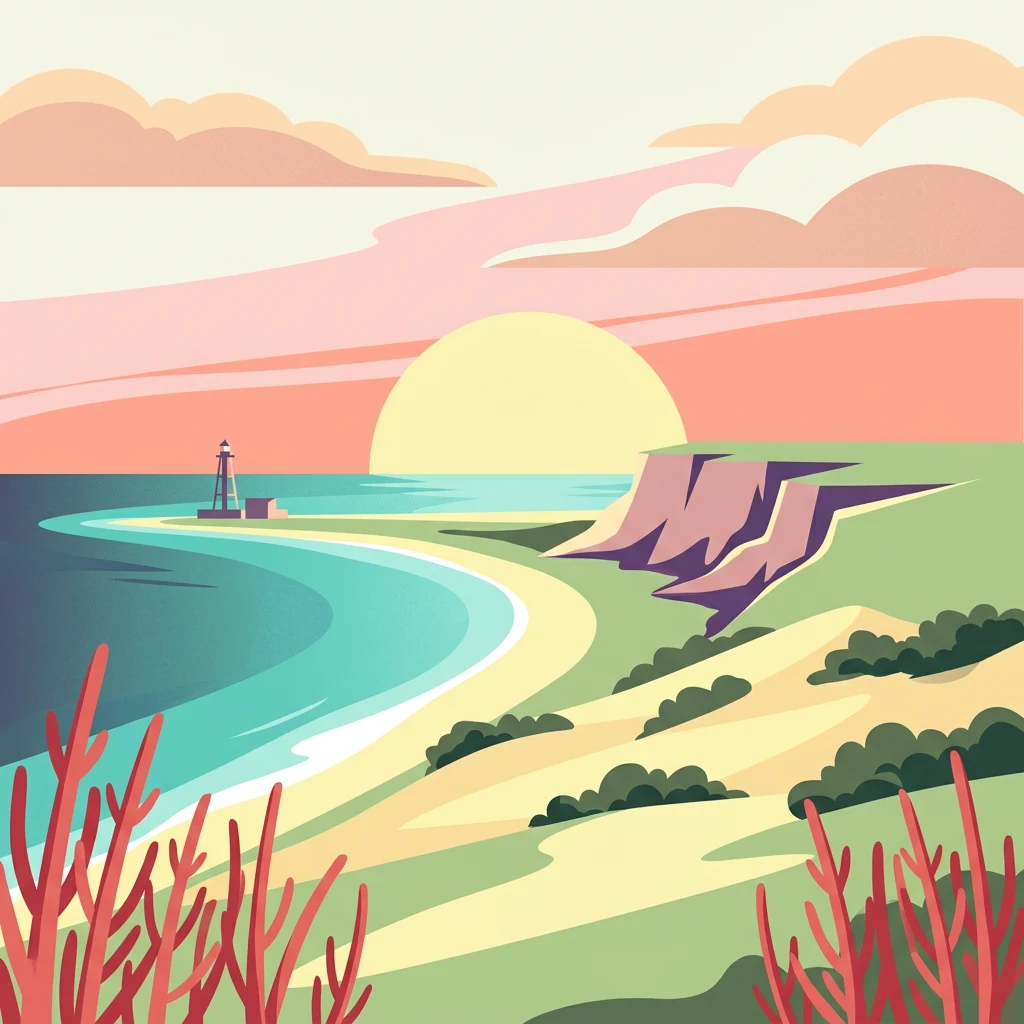 Ilustración de paisaje costero con faro en una pequeña isla, playa de arena, agua turquesa, acantilados y cielo al atardecer