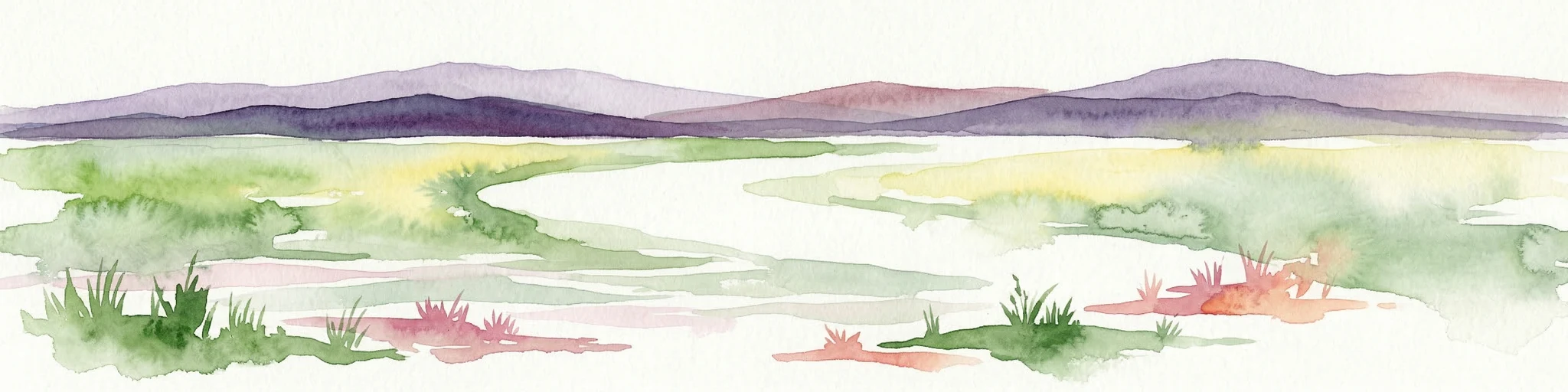 Ilustración en acuarela de colinas onduladas, un río sinuoso y parches de vegetación