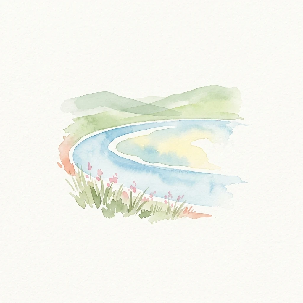 Watercolor painting of a blue river meandering through a landscape with green hills, grass, and pink wildflowers
