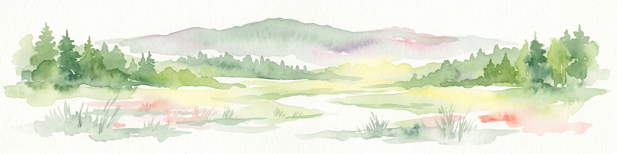 Watercolor illustration showing a landscape with forests, a river, and distant hills