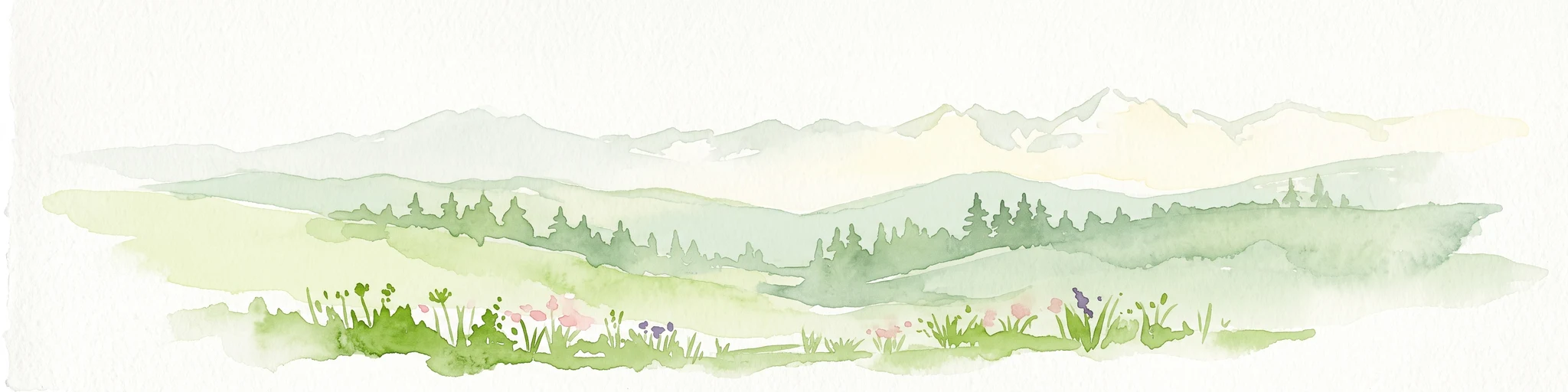 A horizontal watercolor painting depicting a soft-focus mountain landscape with rolling green meadows, patches of coniferous forest, and distant pale mountains under a white sky.
