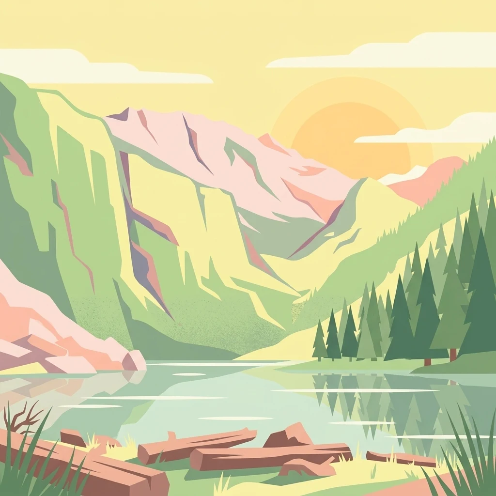 A flat-style digital illustration depicting a calm mountain lake with fallen logs in the foreground, pine trees on the shore, and rugged peaks under a soft sunset sky.