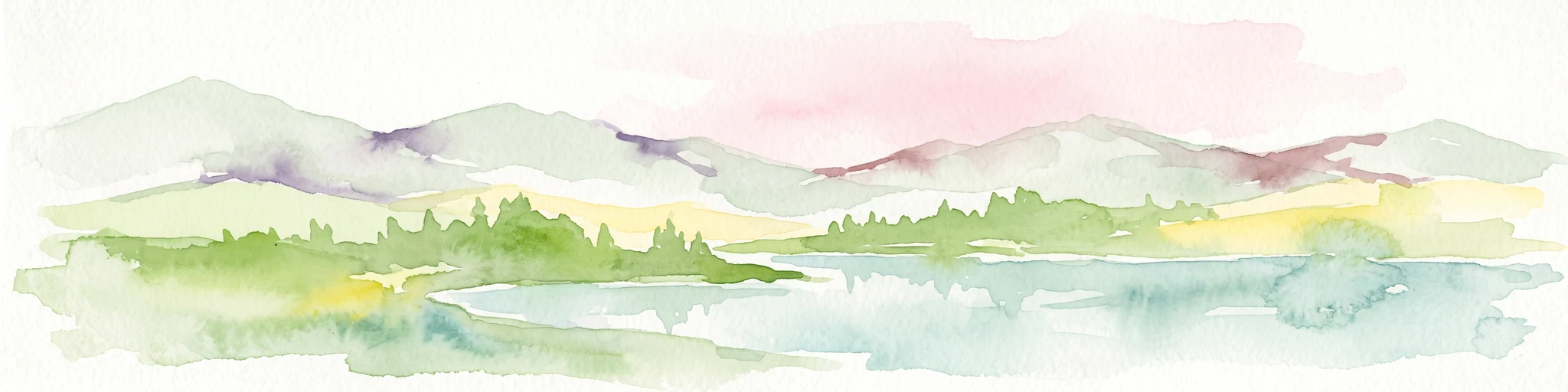 A horizontal watercolor painting depicting a soft-focus mountain range in shades of purple and pink behind a green forest and a calm blue lake.