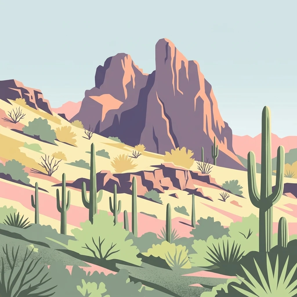 A flat-style digital illustration of a desert mountain landscape with prominent rock peaks in the background and saguaro cacti, shrubs, and succulents in the foreground.
