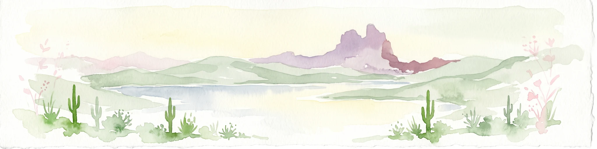 A soft watercolor illustration depicting a panoramic desert landscape with prominent rugged purple mountains in the background, rolling green hills in the midground, and saguaro cacti in the foreground.