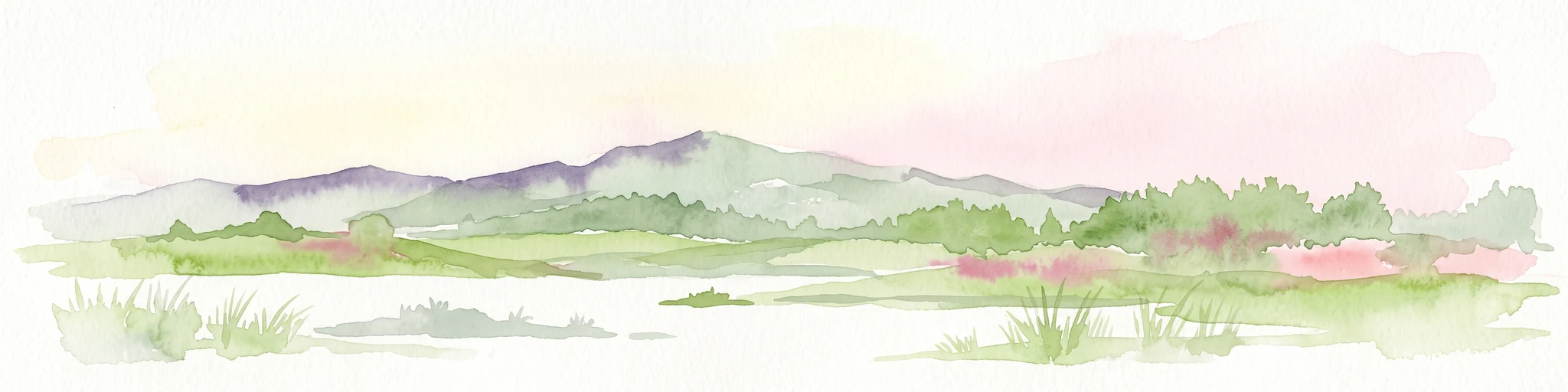 A soft watercolor painting of a mountain landscape with rolling green hills and a pinkish sky.