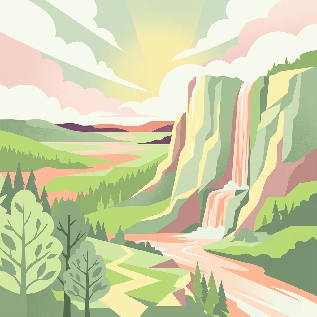 A stylized digital illustration showing a valley with a waterfall cascading from a rocky cliff, green hills, pine trees, and a sunlit sky with clouds.