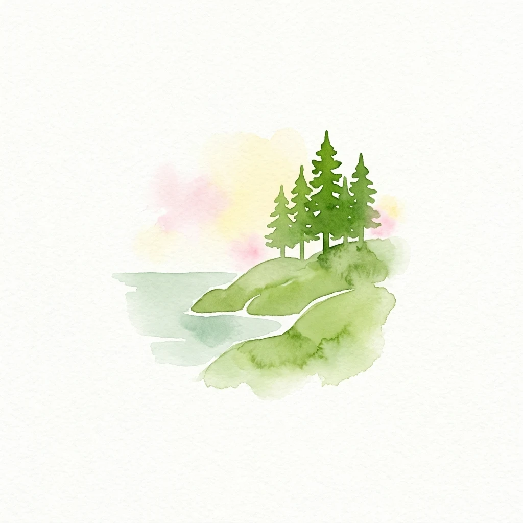Watercolor painting of a small island with green pine trees and calm water in the background