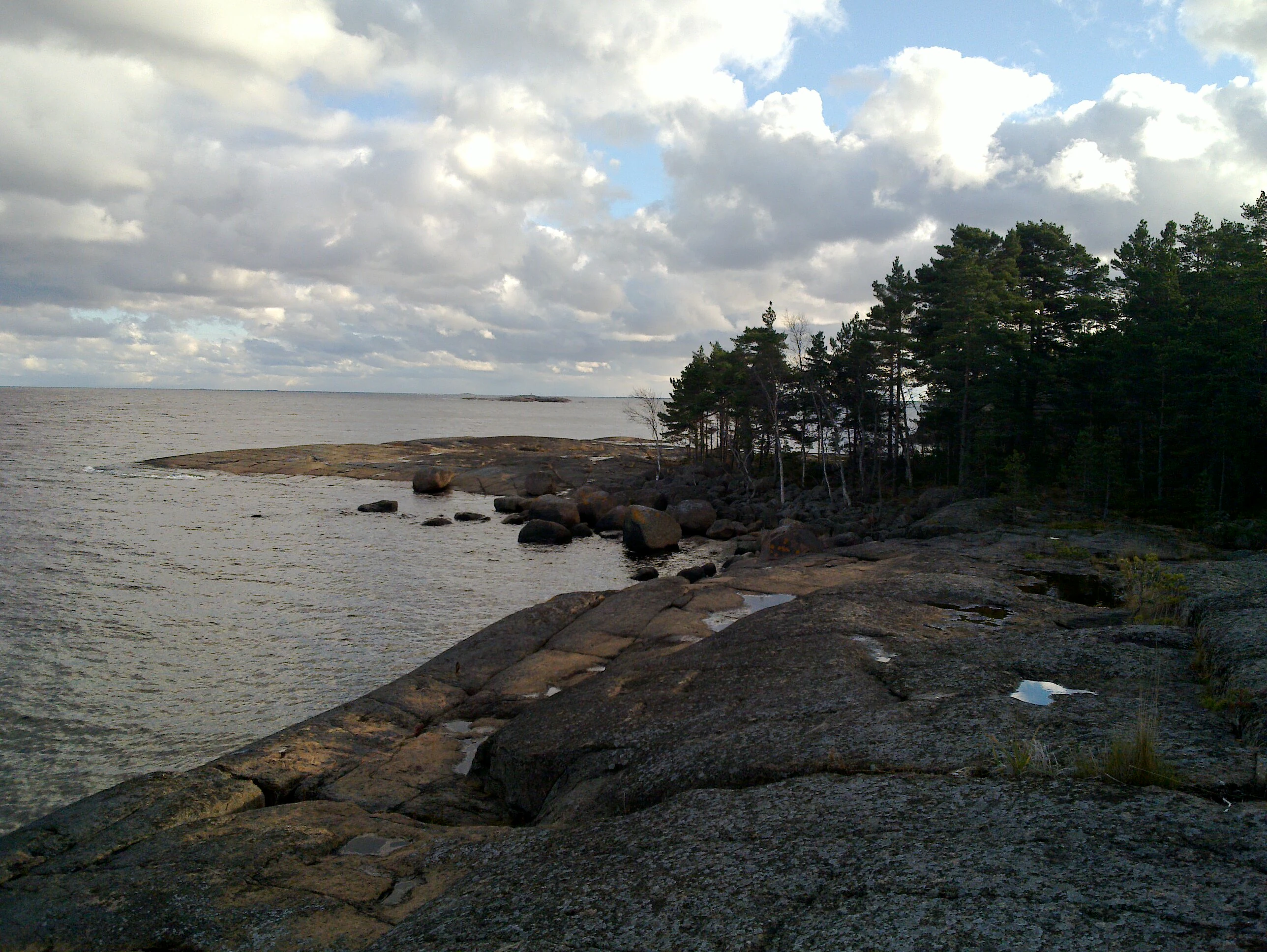 Rocky coastal shoreline with scattered boulders, calm water, and coniferous trees under a partly cloudy sky