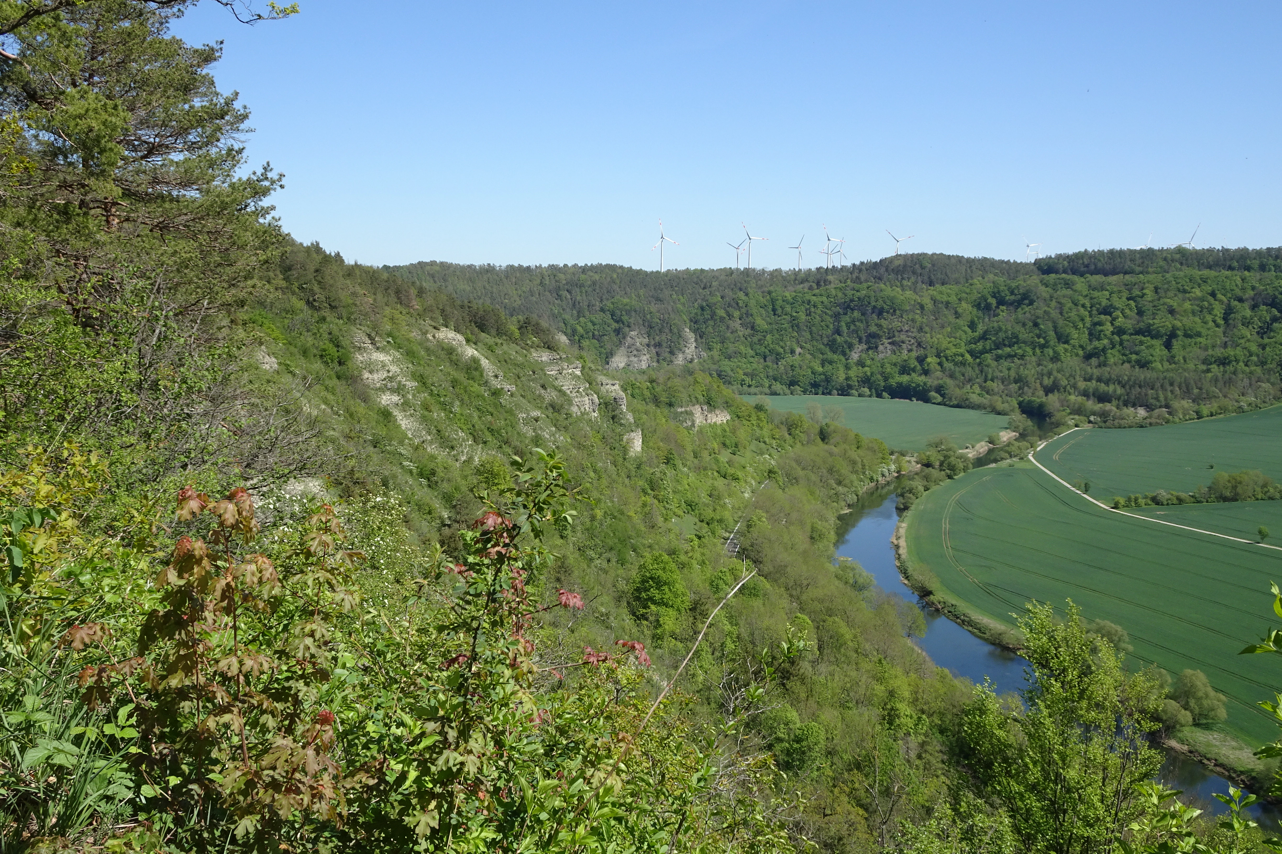 A wide, high-angle landscape shot showing steep wooded cliffs on the left overlooking a winding river and lush green fields in the valley below under a clear blue sky.