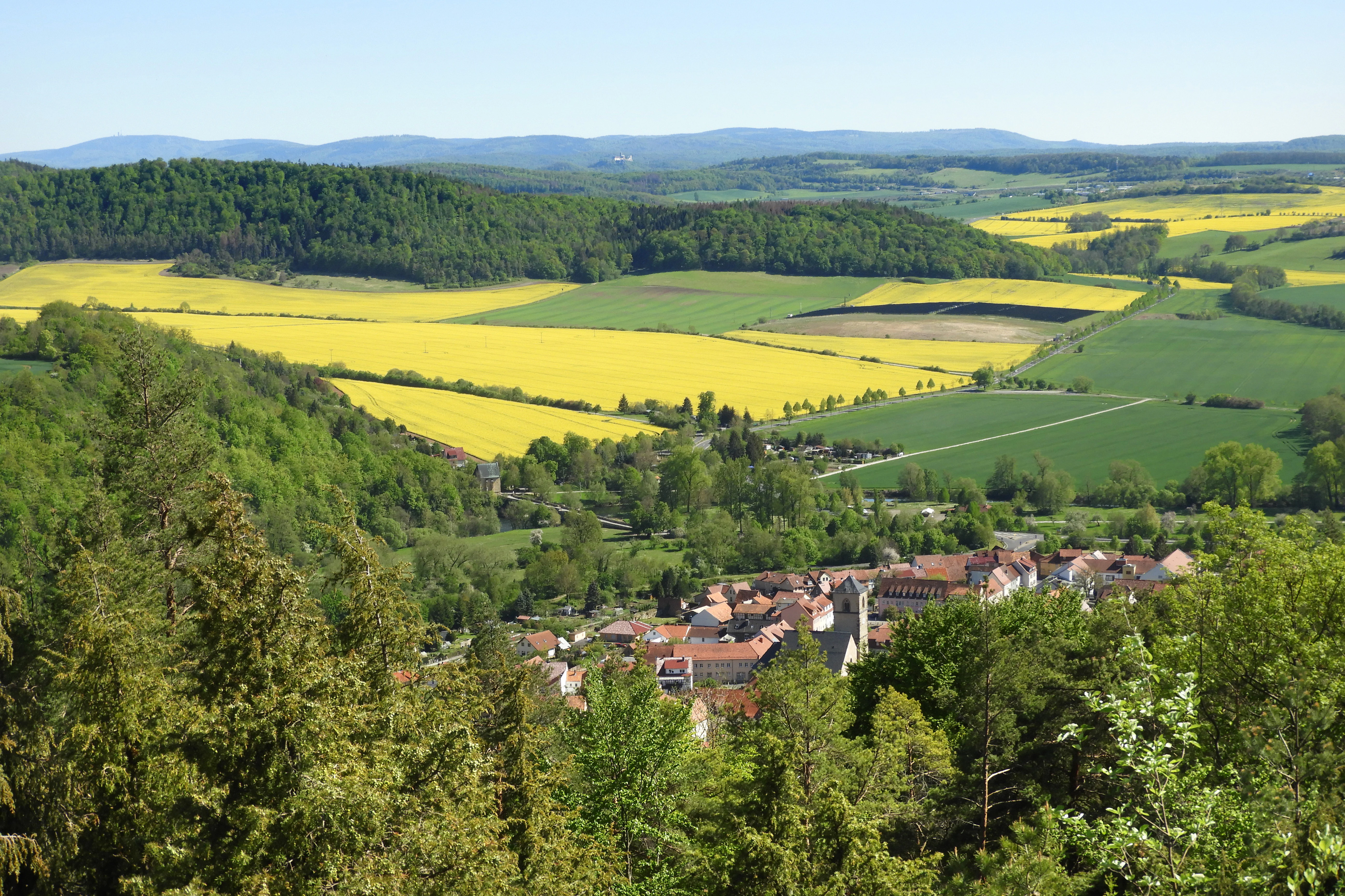 A high-angle view looking over a small town nestled in a valley, surrounded by bright yellow rapeseed fields, green forests, and rolling hills in the distance.
